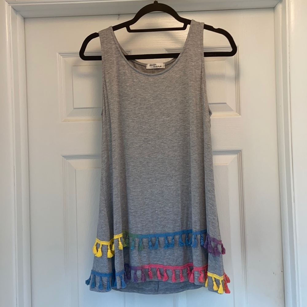 Heather grey tank top with multi color fringe